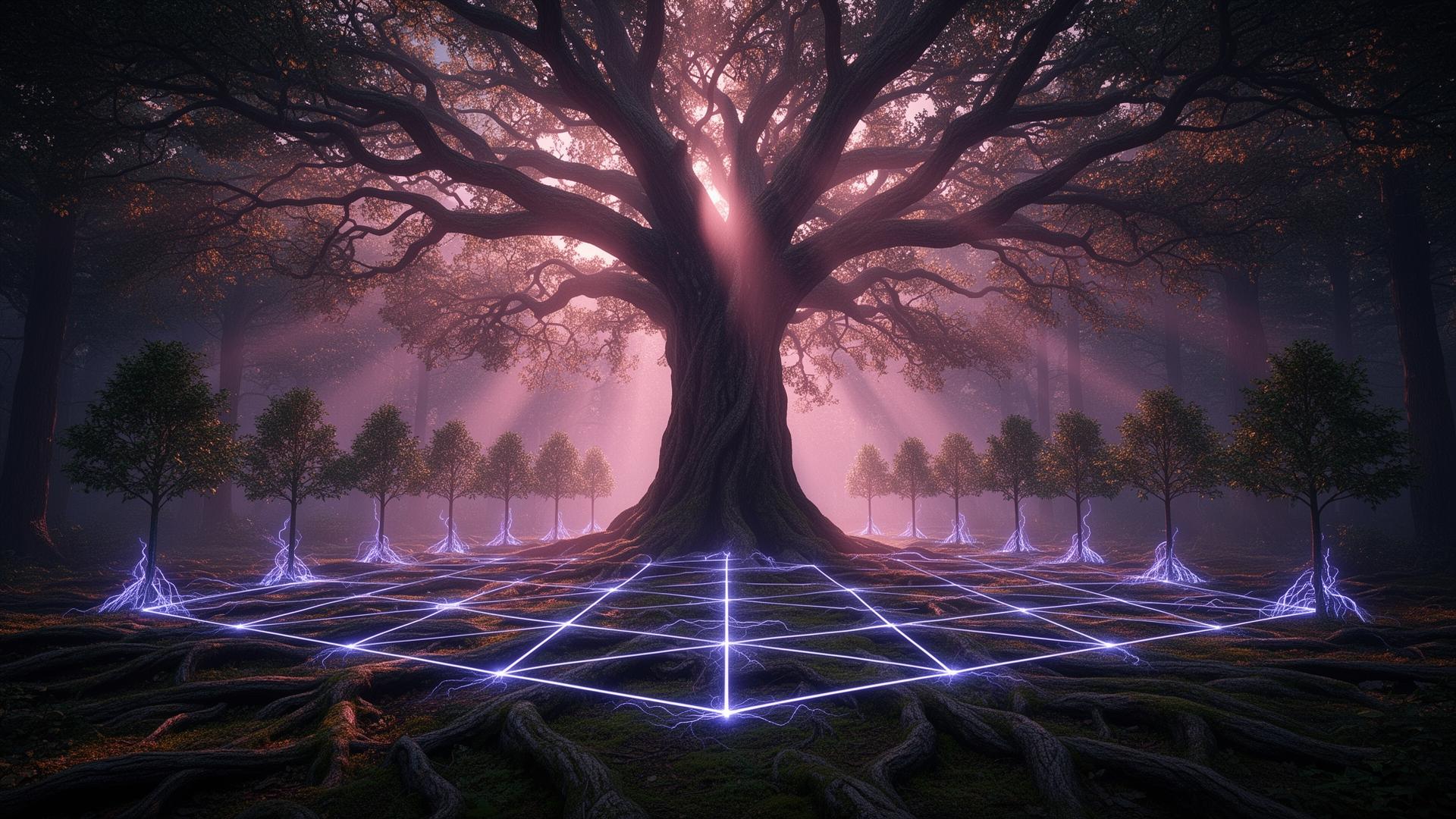 A geometric forest of Aligned Systems trees connected by glowing energy